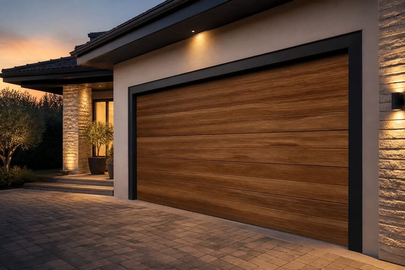 Dekoratif seksiyonel garaj kapısı — villa garajında woodgrain panel
